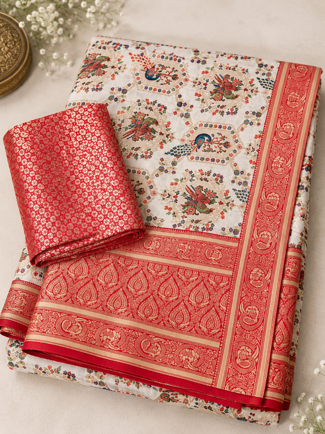 Karwa Chauth Special Ivory and Red Printed Silk Saree