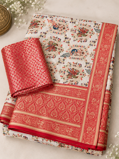 Karwa Chauth Special Ivory and Red Printed Silk Saree