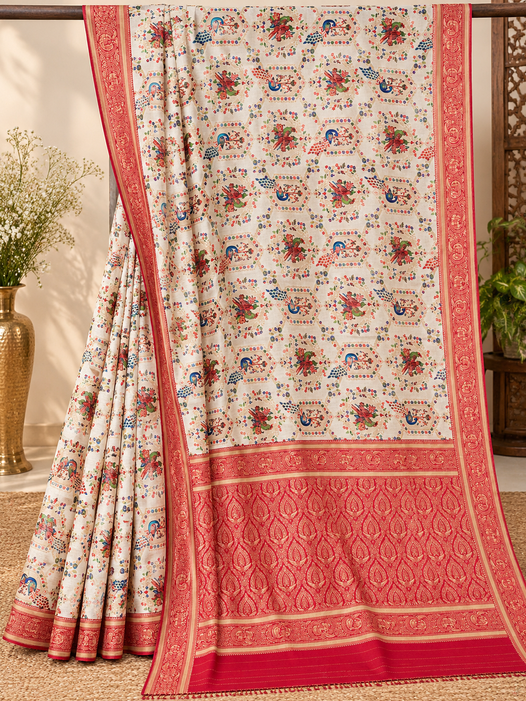 Karwa Chauth Special Ivory and Red Printed Silk Saree