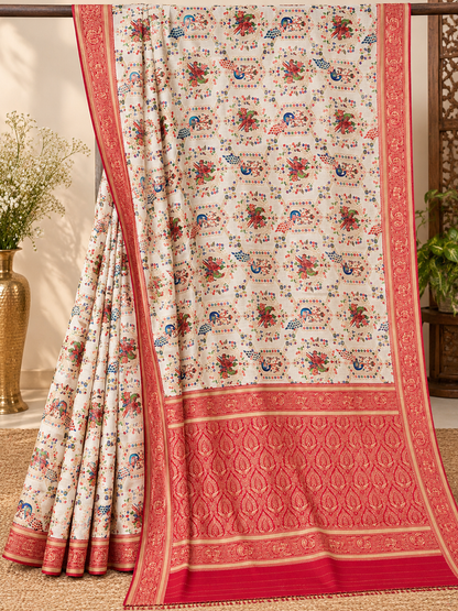 Karwa Chauth Special Ivory and Red Printed Silk Saree