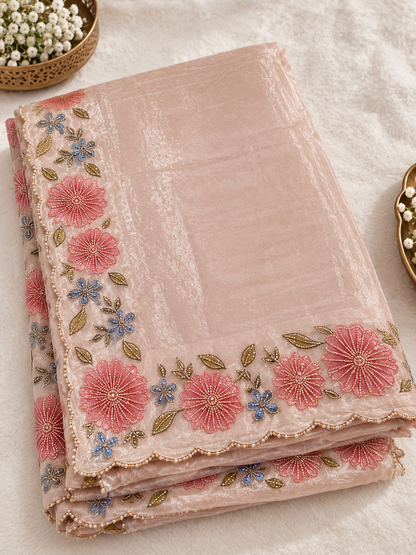 Rose Gold Satin Silk Saree – Festive & Party Wear