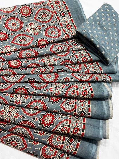 Cotton Ajrakh Phoolkari Saree – Heritage Artisanal Fusion Elegance (One Size)