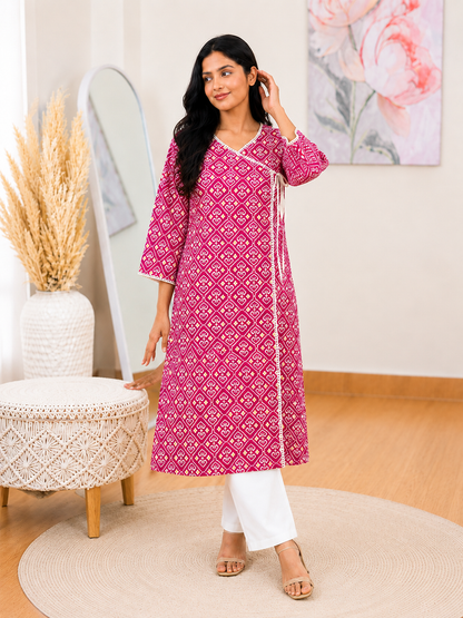 Rani Pink Printed Kurti – Bold Ethnic Vibrance(S–5XL)(Only Kurti)