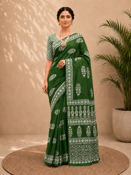 Cotton Green Block Print Saree – Artisanal Botanical Elegance (One Size)