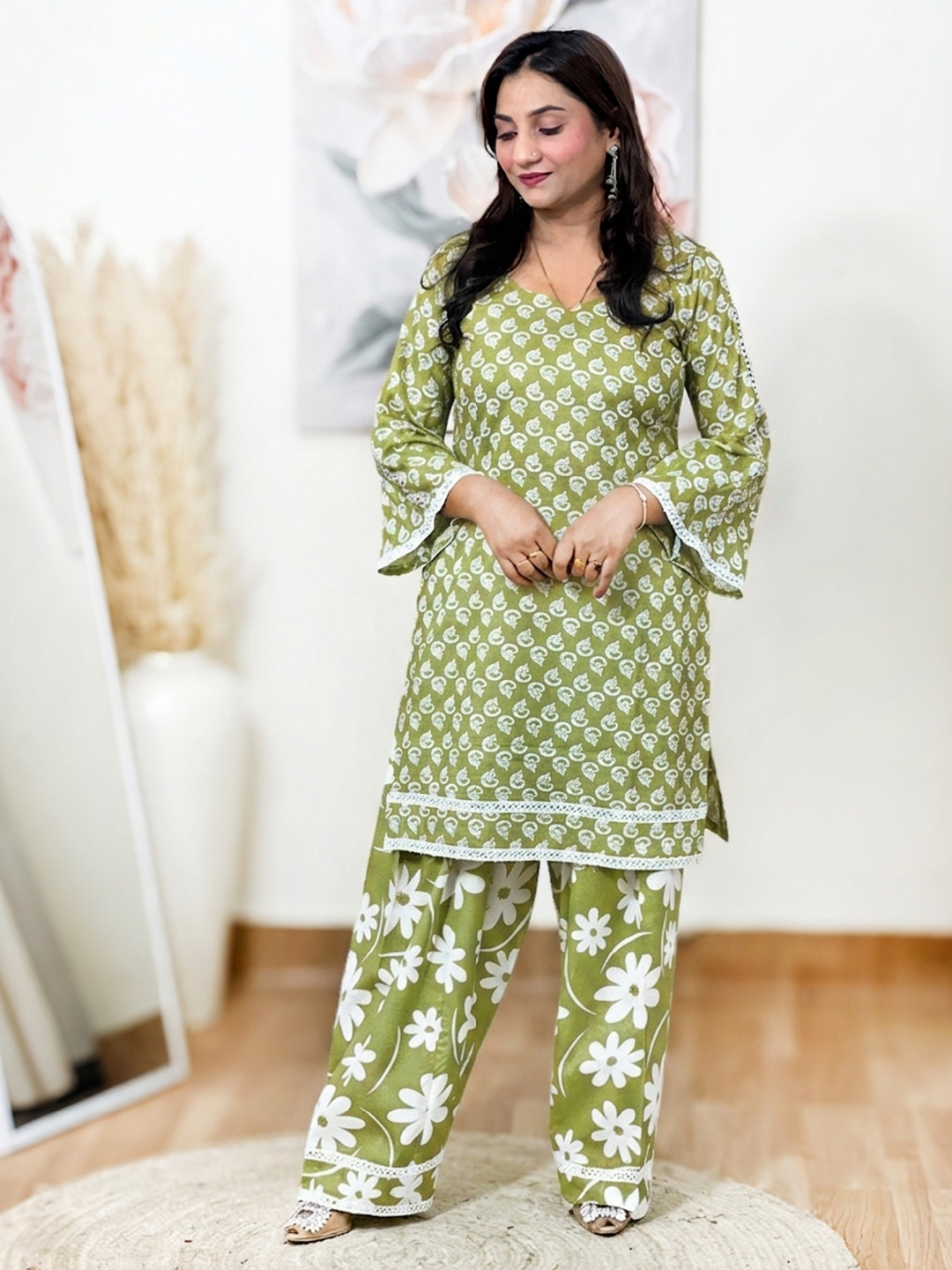 Cotton Teal Block Printed Kurti salwar Set – Artisanal Boho Comfort Elegance (S–5XL)
