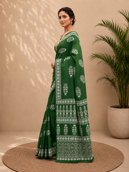 Cotton Green Block Print Saree – Artisanal Botanical Elegance (One Size)