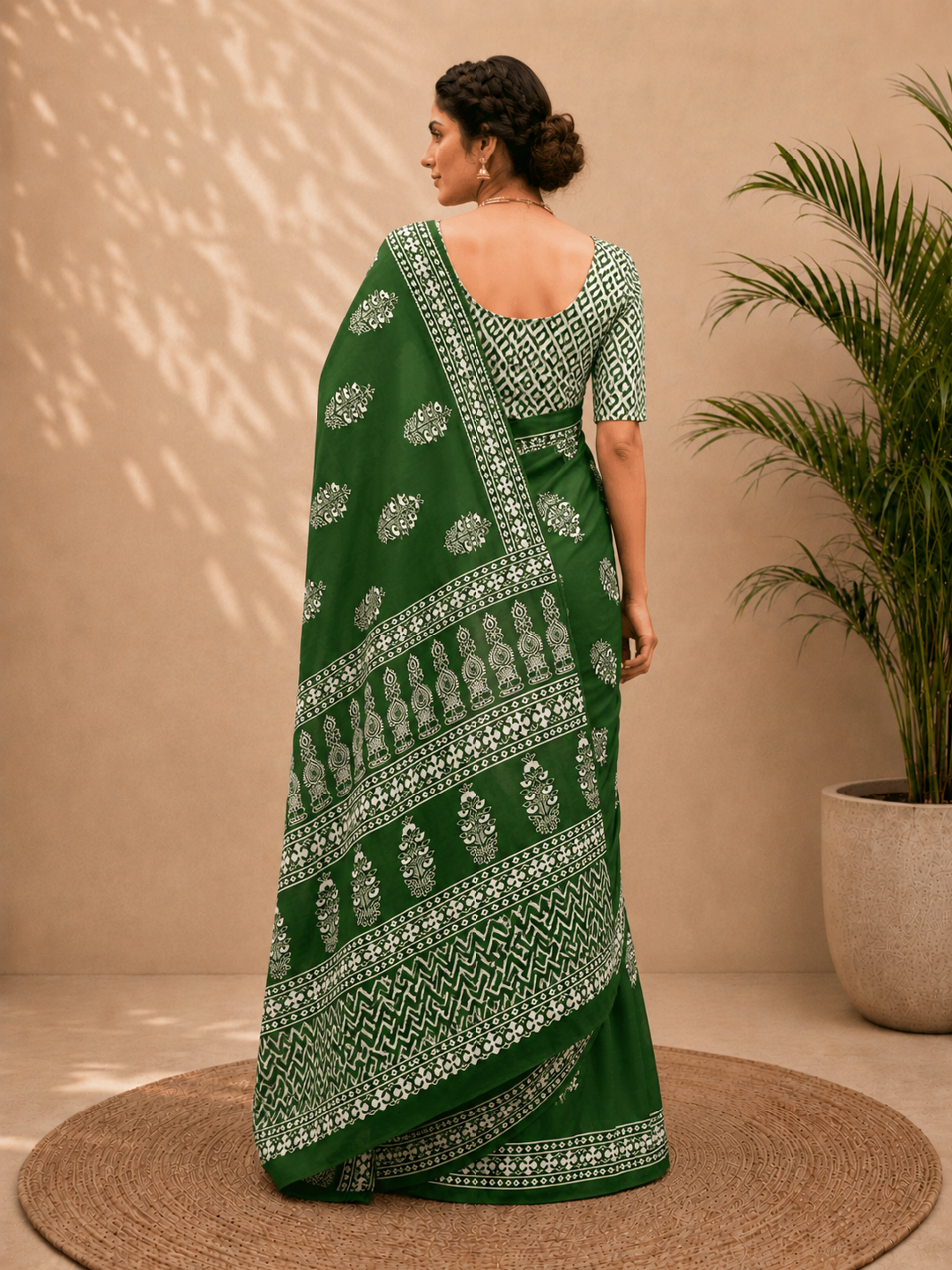Cotton Green Block Print Saree – Artisanal Botanical Elegance (One Size)