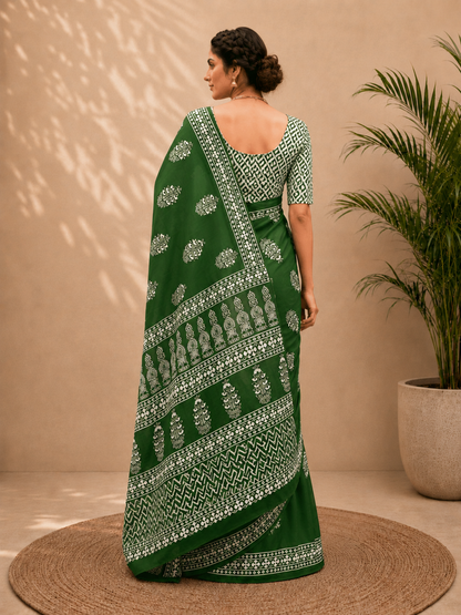 Cotton Green Block Print Saree – Artisanal Botanical Elegance (One Size)