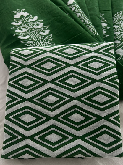 Cotton Green Block Print Saree – Artisanal Botanical Elegance (One Size)