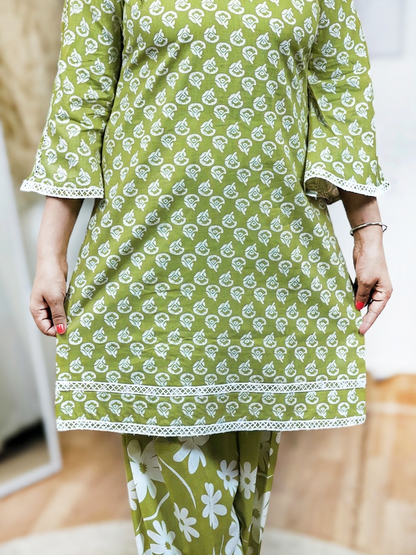 Cotton Teal Block Printed Kurti salwar Set – Artisanal Boho Comfort Elegance (S–5XL)