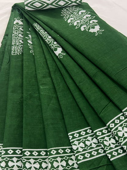 Cotton Green Block Print Saree – Artisanal Botanical Elegance (One Size)