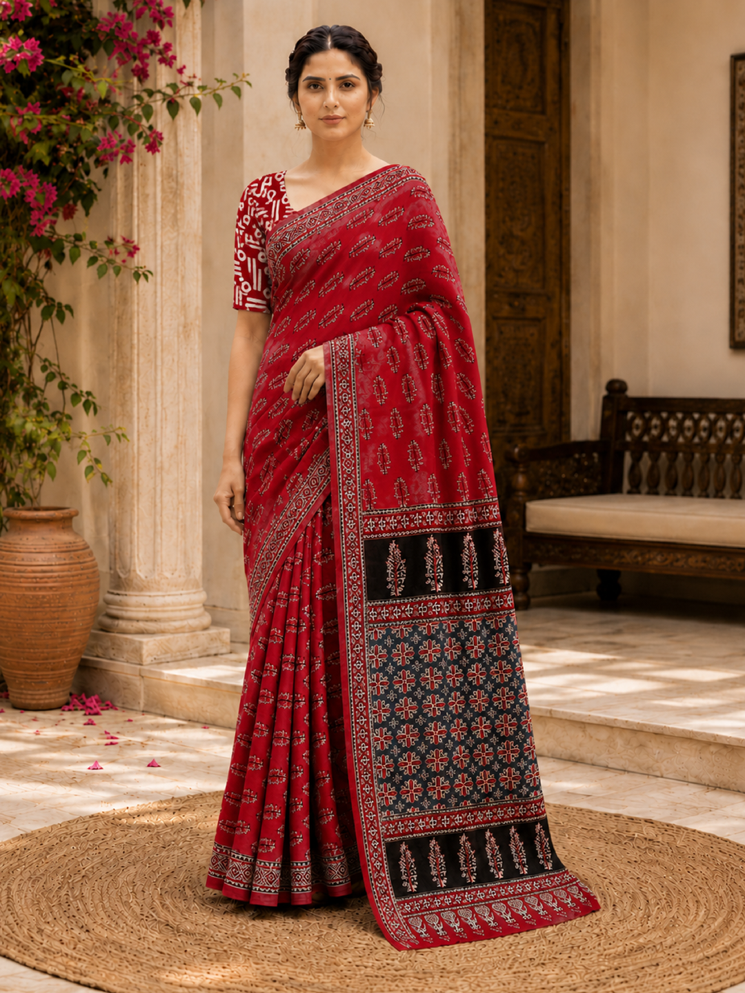 Cotton Red Handblock Saree – Vibrant Artisanal Heritage Elegance (One Size)
