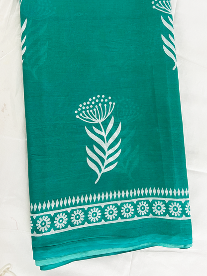 Cotton Teal Leaf Print Pure Saree – Botanical Fresh Elegance (One Size)