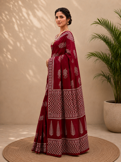 Cotton Red Leaf Print Pure Cotton Saree – Bold Botanical Elegance (One Size)