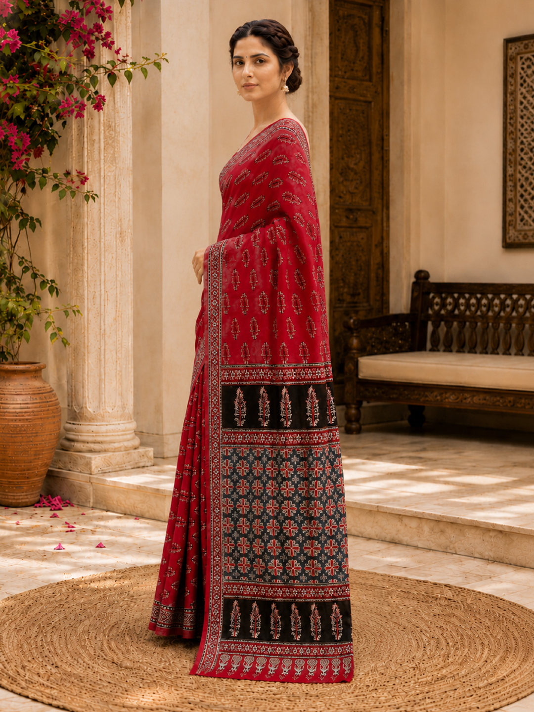 Cotton Red Handblock Saree – Vibrant Artisanal Heritage Elegance (One Size)