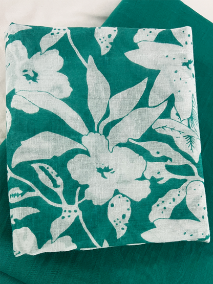 Cotton Teal Leaf Print Pure Saree – Botanical Fresh Elegance (One Size)