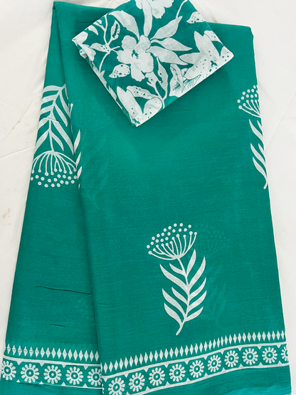 Cotton Teal Leaf Print Pure Saree – Botanical Fresh Elegance (One Size)