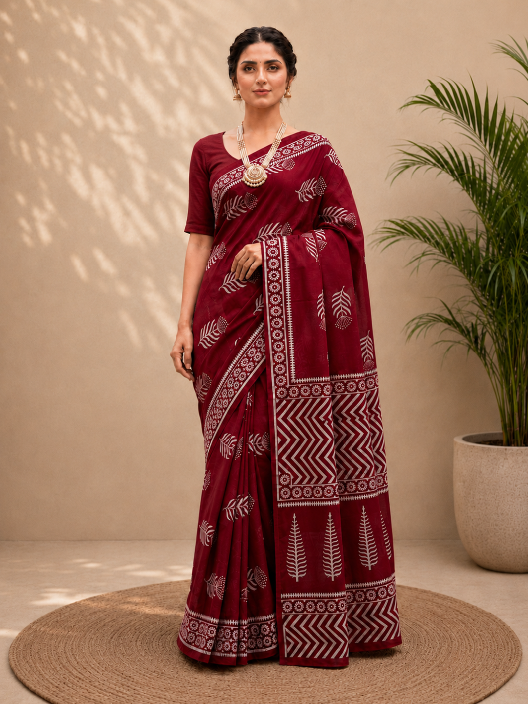 Cotton Red Leaf Print Pure Cotton Saree – Bold Botanical Elegance (One Size)