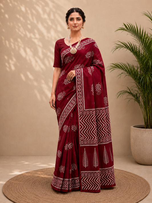 Cotton Red Leaf Print Pure Cotton Saree – Bold Botanical Elegance (One Size)