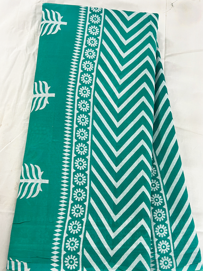 Cotton Teal Leaf Print Pure Saree – Botanical Fresh Elegance (One Size)