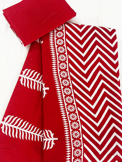 Cotton Red Leaf Print Pure Cotton Saree – Bold Botanical Elegance (One Size)