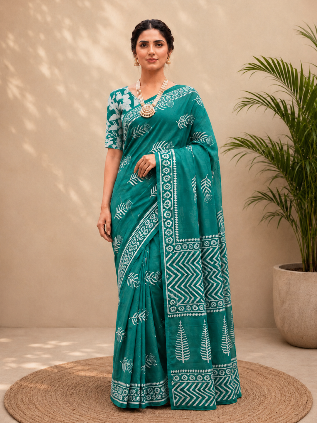 Cotton Teal Leaf Print Pure Saree – Botanical Fresh Elegance (One Size)