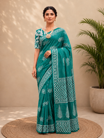 Cotton Teal Leaf Print Pure Saree – Botanical Fresh Elegance (One Size)