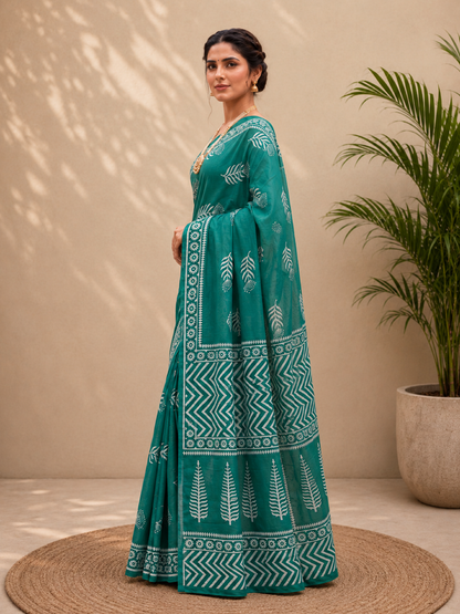 Cotton Teal Leaf Print Pure Saree – Botanical Fresh Elegance (One Size)