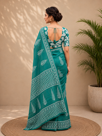 Cotton Teal Leaf Print Pure Saree – Botanical Fresh Elegance (One Size)