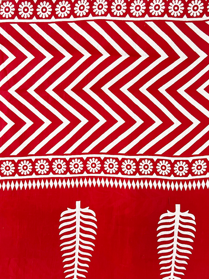 Cotton Red Leaf Print Pure Cotton Saree – Bold Botanical Elegance (One Size)