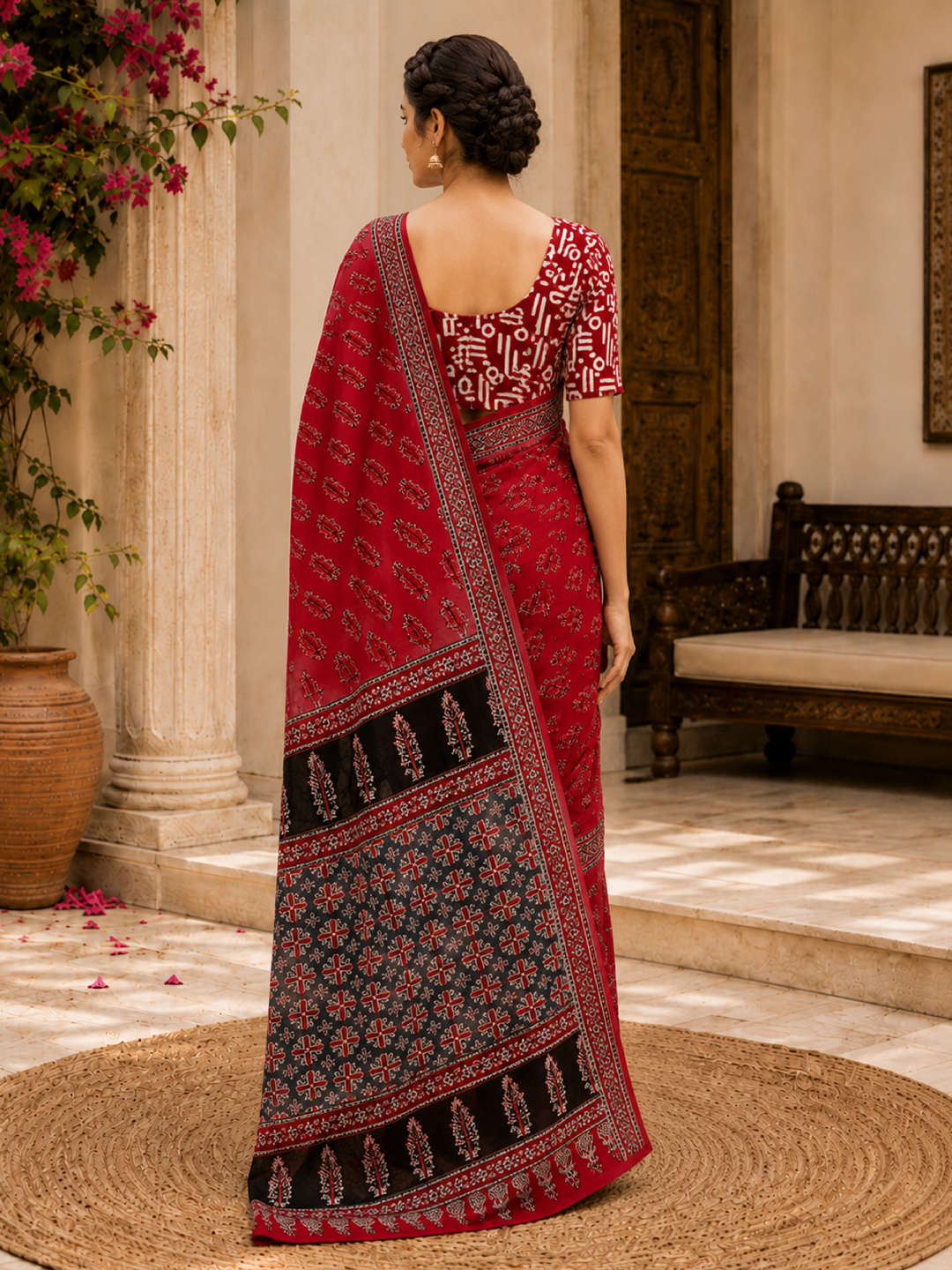 Cotton Red Handblock Saree – Vibrant Artisanal Heritage Elegance (One Size)
