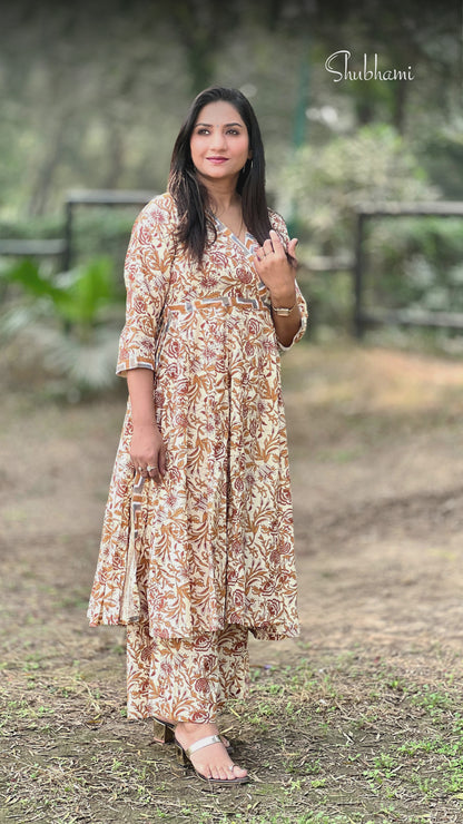 Beige Printed Flared Kurti with Palazzo – Soft Cotton Neutral Ethnic Set for Women