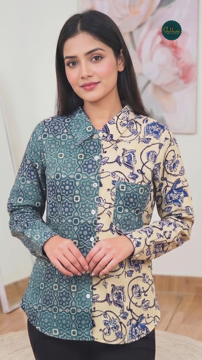 Cotton Teal & Cream Dual-Print Shirt Kurti – Modern Fusion Ethnic Versatile (Only Shirt Kurti) (S–5XL)