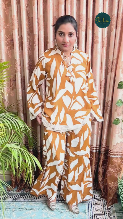 Women’s Printed Top & Palazzo Co-ord Set – Mustard Crepe Fabric- Vacation Vibes (S–5XL)