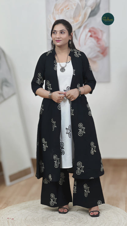 Cotton Black & White Cycle Print Long Shrug Palazzo Set – Bohemian Ethnic
