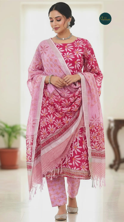 Cotton Pink Petal Hand-Block Unstitched Suit – Artisanal Floral Ethnic Versatility