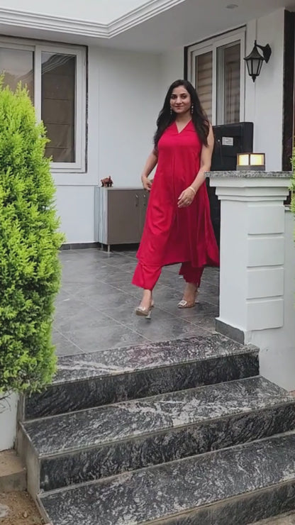 Rayon Sleeveless Kurta Palazzo Set in Red – Comfortable Everyday Ethnic (S–5XL)