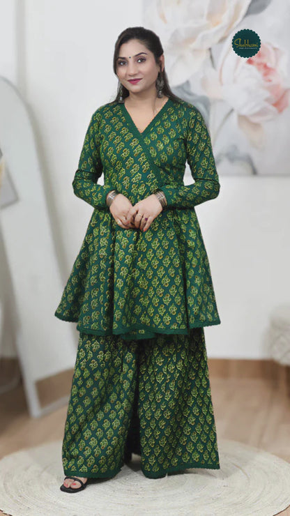Cotton Emerald Green Angrakha Short Kurti Sharara Set – Bohemian Ethnic