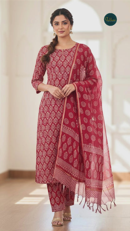 Cotton Red Hand-Block Unstitched Suit Material – Vibrant Artisanal Ethnic Versatility