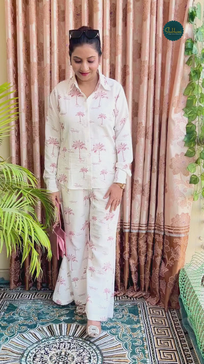 Women’s White Cotton Printed Shirt & Pant Co-ord Set – Palm Print Vacation-to-Office Look (S–5XL)