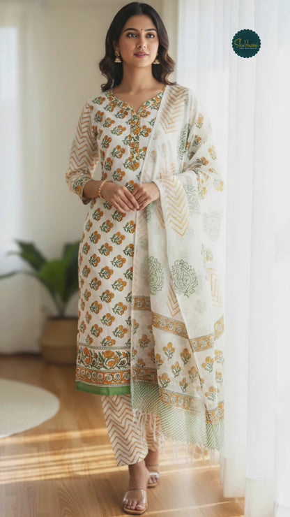 Cotton Pure Saffron Floral Chevron Unstitched Suit Set – Vibrant Artisanal Ethnic Versatility