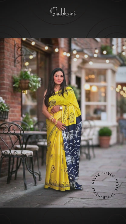 Yellow Mal Cotton Saree – Soft Tie-Dye Pallu Sunshine Drape
