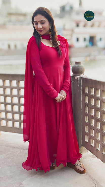 Georgette Crimson Rani Anarkali Gown with Dupatta – Bold Ethnic Festive (S–5XL)