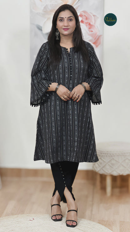 Cotton Midnight Black Geometric Stripe Tunic & Tulip Pant Set – Bohemian Ethnic (S–5XL)