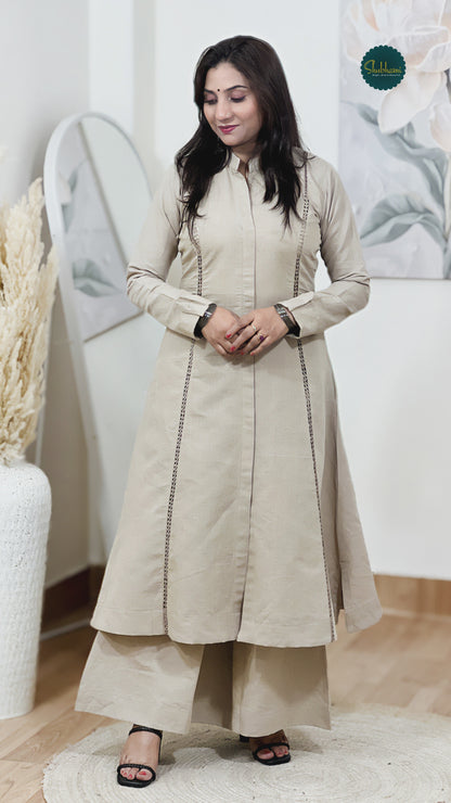 Cotton Slub Beige Front-Slit Long Kurta Palazzo Set – Bohemian Ethnic