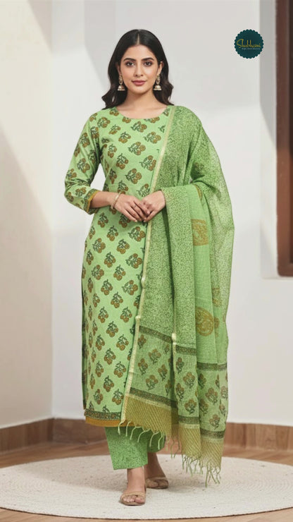 Cotton Mehandi Bloom Hand-Block Unstitched Suit Material – Festive Floral Artisanal Ethnic