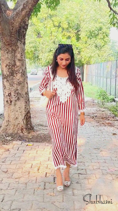 Red Side Slit Kaftan – Rayon Cotton Striped Kaftan with Lace Neckline