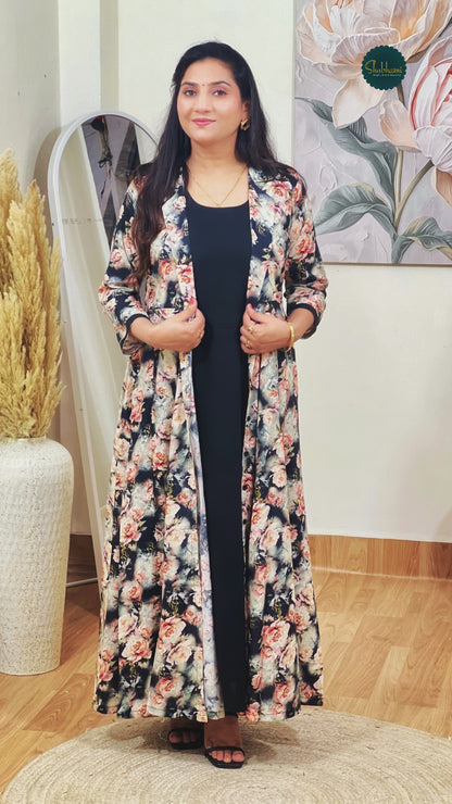 Cotton Floral Long Jacket with Side Slit Maxi Dress – Dramatic Bohemian Ethnic (S–5XL)