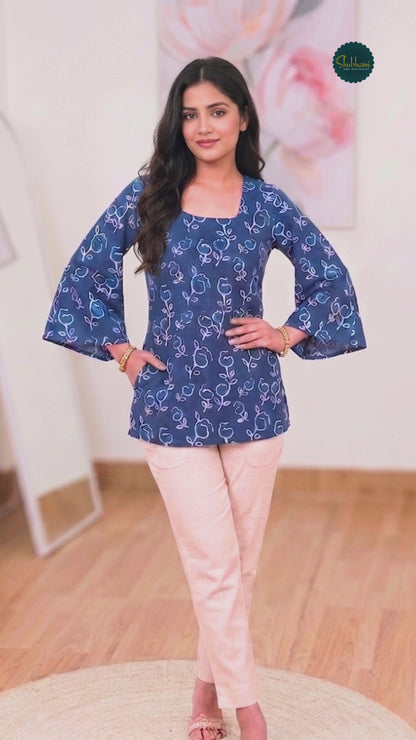 Cotton Azure Petal Square-Neck Kurti – Delicate Modern Ethnic Bloom (Only Kurti) (S–5XL)