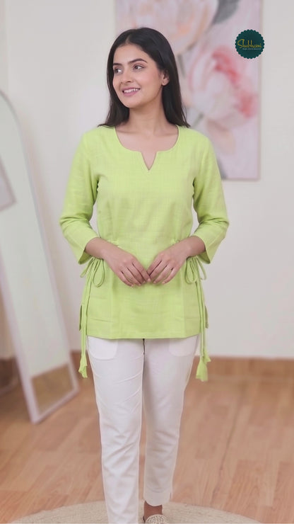 Cotton Pastel Green Drawstring Kurti – Relaxed Everyday Bohemian Ethnic  (Only Kurti) (S–5XL)